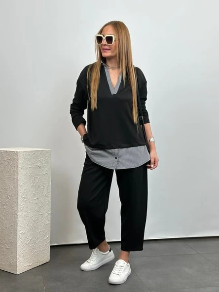 Polo Yaka Gömlek Detay Salaş Balon Pantolunlu ıkılı Takım - Resim 8