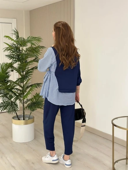 Kadın Gömlek Detay çizgili Yandan Bağlamalı Ikili Takım - 6