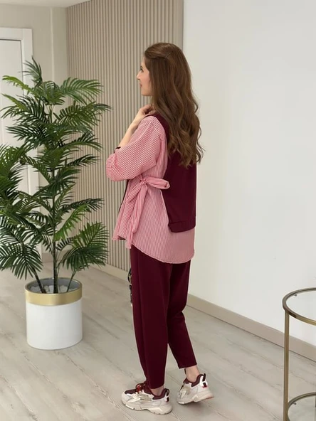 Kadın Gömlek Detay çizgili Yandan Bağlamalı Ikili Takım - 7
