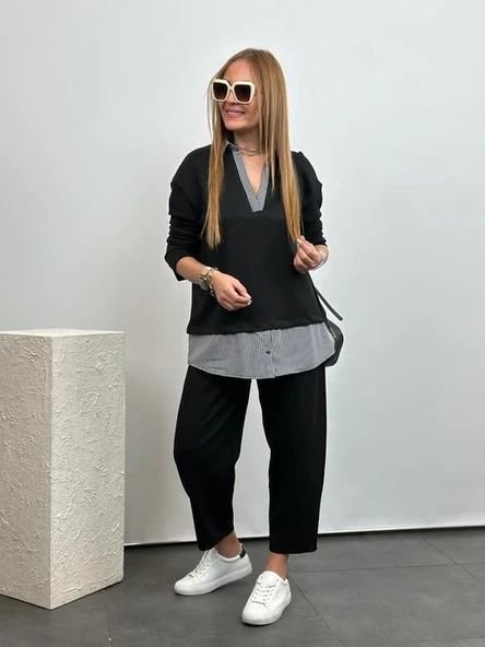 Polo Yaka Gömlek Detay Salaş Balon Pantolunlu ıkılı Takım - Resim 6