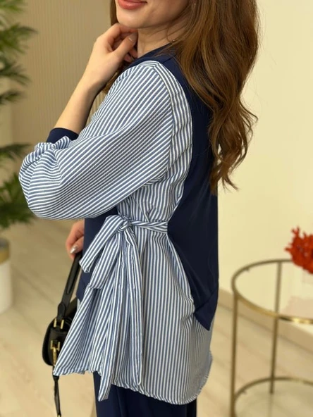 Kadın Gömlek Detay çizgili Yandan Bağlamalı Ikili Takım - 5