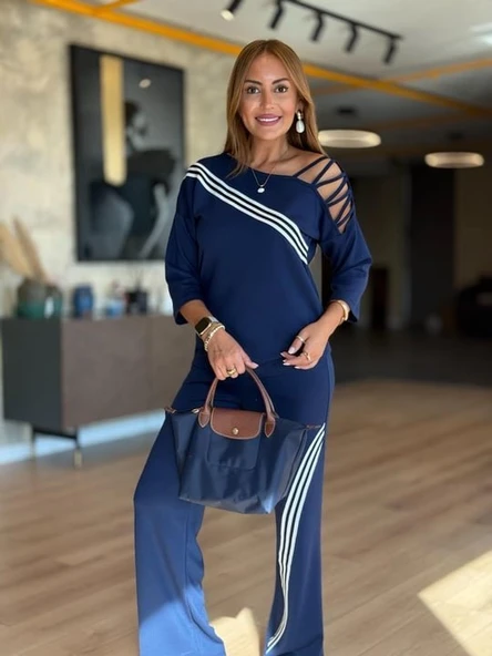 Kadın Fakir Kollu Omuz Dekolteli çapraz Ribana Detay Bluz Ve Pantolon Ikili Takım ürün görseli