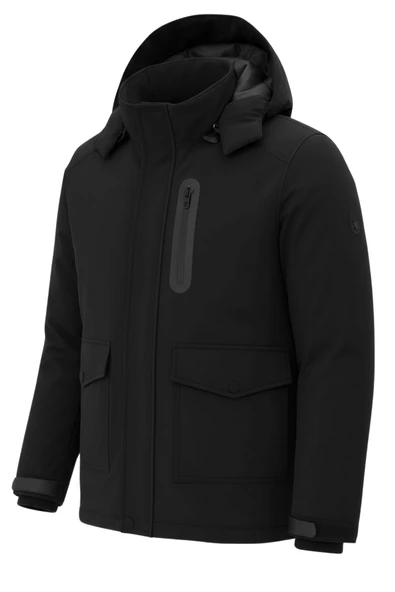 Erkek Siyah Outdoor Su Geçirmez Kapüşonlu Kışlık Kaban – Rüzgar ve Yağmura Dayanıklı - 2