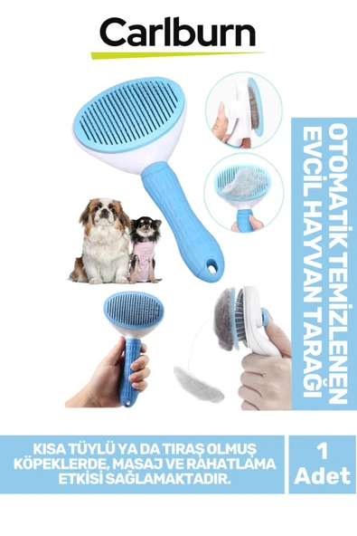 Premium Otomatik Tuşlu Temizlenen Evcil Hayvan Kedi Köpek Pet Tüy Toplayıcı Tarağı - Mavi