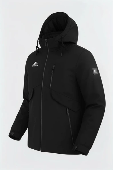 Erkek Siyah Outdoor Su İtici Kapüşonlu Kaban – Rüzgar Geçirmez, Hafif ve Dayanıklı - 2
