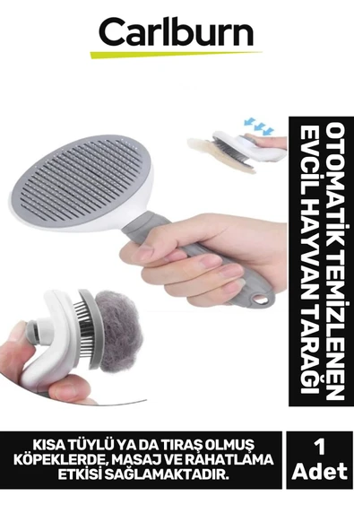 Premium Otomatik Tuşlu Temizlenen Evcil Hayvan Kedi Köpek Pet Tüy Toplayıcı Tarağı - Gri