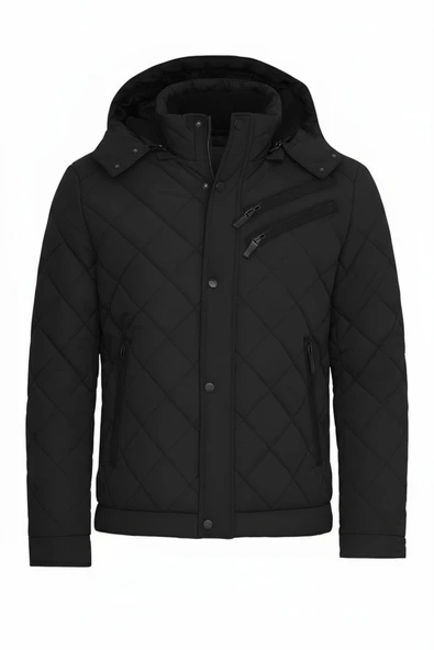 Erkek Siyah Outdoor Su İtici Kapüşonlu Kaban – Rüzgar Geçirmez, Hafif ve Dayanıklı Kapitone Mont&Kaban - 1