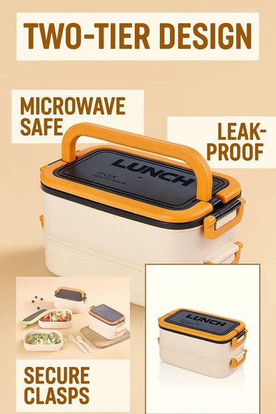 Taşınabilir Yemek Kabı 2 Katlı Lunch Box Diyet Beslenme Kutusu Saklama Kabı Çatal Kaşıklı Sefer Tası - 3