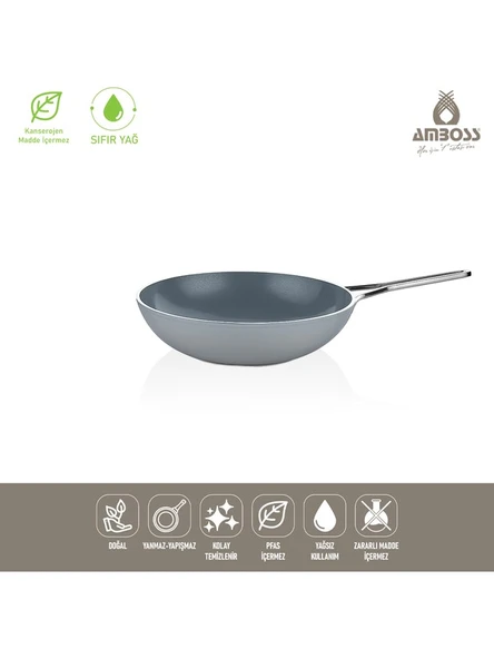 Amboss Sera Nova Yanmaz Yapışmaz Seramik Wok Tava 28 cm – Gri - 3