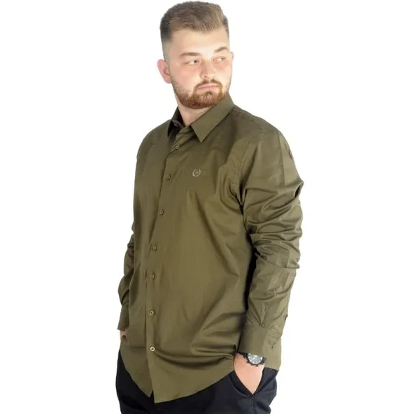 Büyük Beden Erkek Klasik Gömlek Likralı 20351 Haki - Resim 3