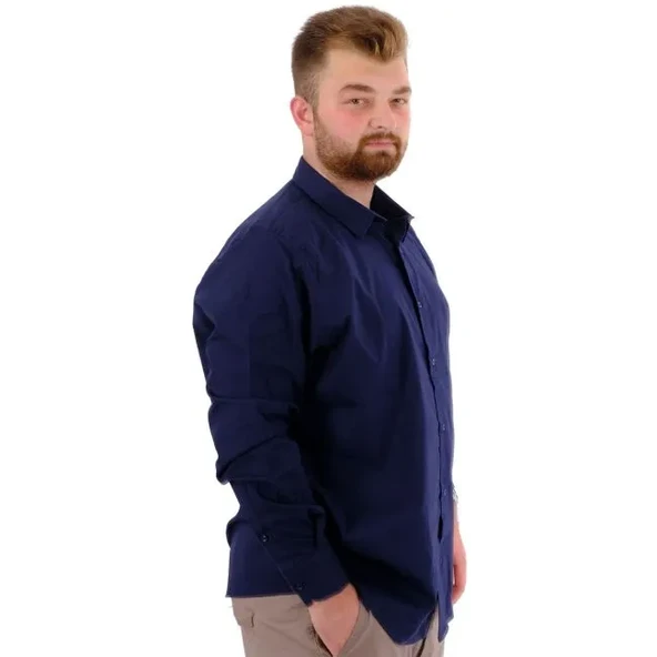 Büyük Beden Erkek Klasik Gömlek Likralı 20351 Lacivert - 3