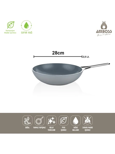Amboss Sera Nova Yanmaz Yapışmaz Seramik Wok Tava 28 cm – Gri