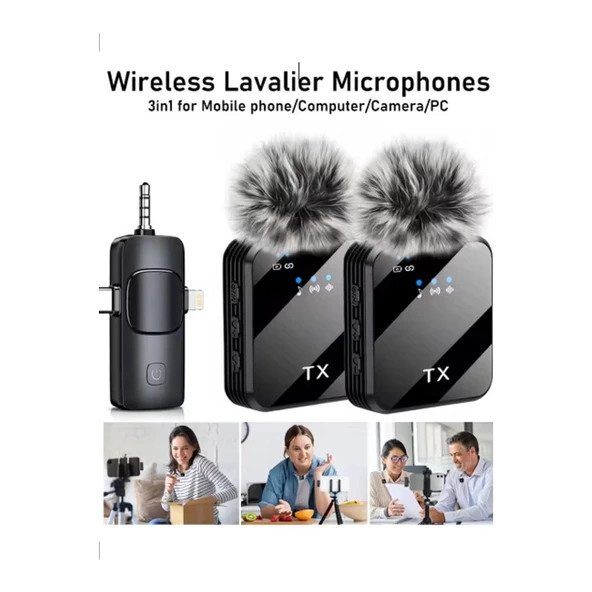 Yüksek Kalite Profesyonel 3 In 1 Kablosuz Taşınabilir Yaka Mikrofonu Tüylü - 3