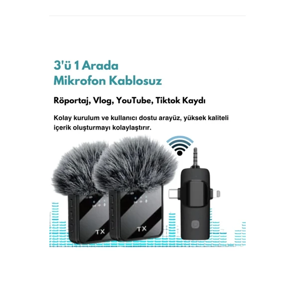 Yüksek Kalite Profesyonel 3 In 1 Kablosuz Taşınabilir Yaka Mikrofonu Tüylü - 4