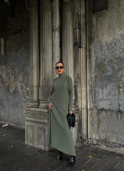 Boğazlı kalın bürümcük uzun elbise yeşil