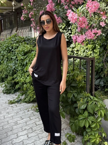 Kadın Askılı Yuvarlak Yaka Viskon Iki Iplik Bluz Ve Eşofman Altı Ikili Takım - 3