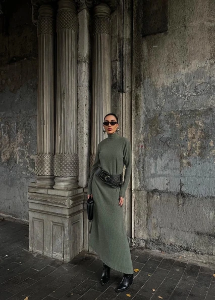 Boğazlı kalın bürümcük uzun elbise yeşil - 2