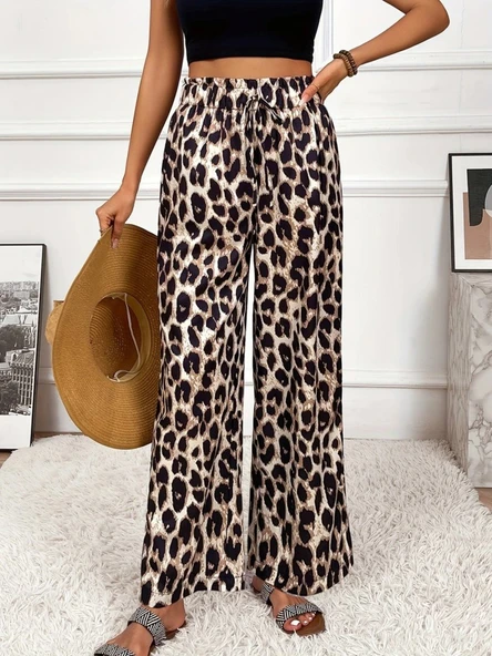 Kadın Yüksek Bel Beli Lastikli Bağcıklı Leopar Desenli Süprem Pantolon - 3
