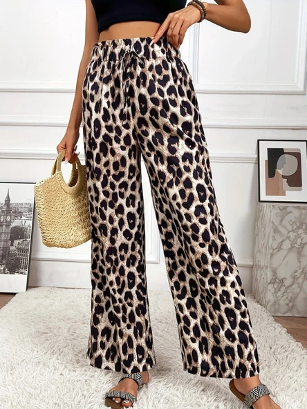 Kadın Yüksek Bel Beli Lastikli Bağcıklı Leopar Desenli Süprem Pantolon - 2