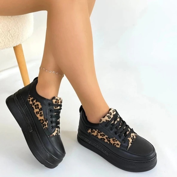 Lorrin Siyah Cilt Leopar Detaylı Bağcıklı Spor Ayakkabı - Resim 4