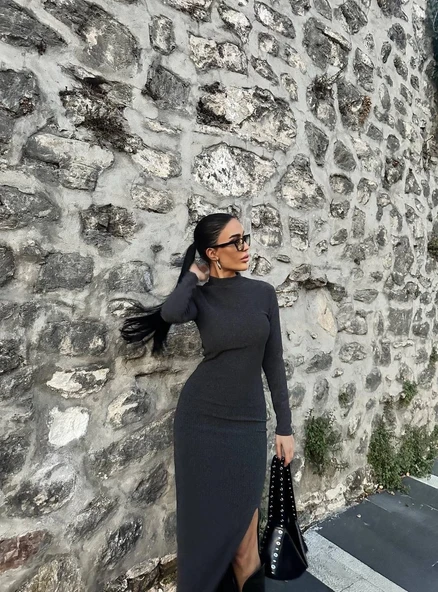 Yırtmaçlı kalın bürümcük uzun elbise siyah - 2