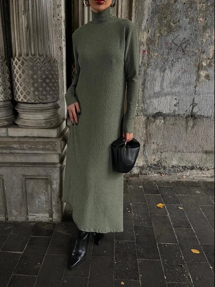 Boğazlı kalın bürümcük uzun elbise yeşil - 3