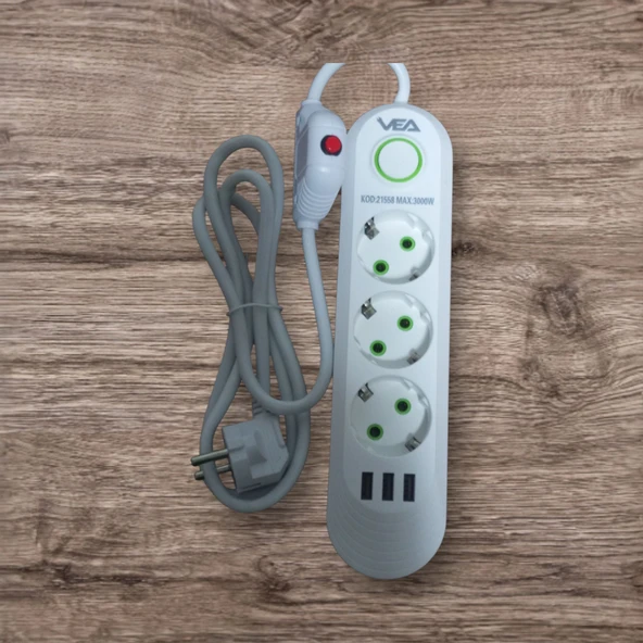 Akım Korumalı 3'lü Grup Priz 3 USB Çıkışlı 1.5 Metre kablosu ürün görseli 1