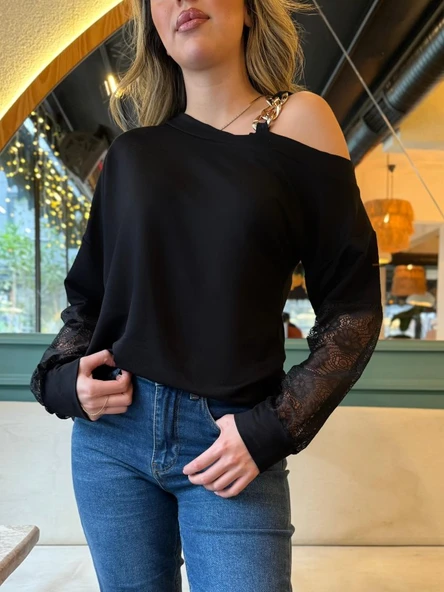 Kadın Uzun Kollu Tek Omuzu Açık Askılı Toka Ve Dantel Detay Viskon Iki Iplik Bluz - 3