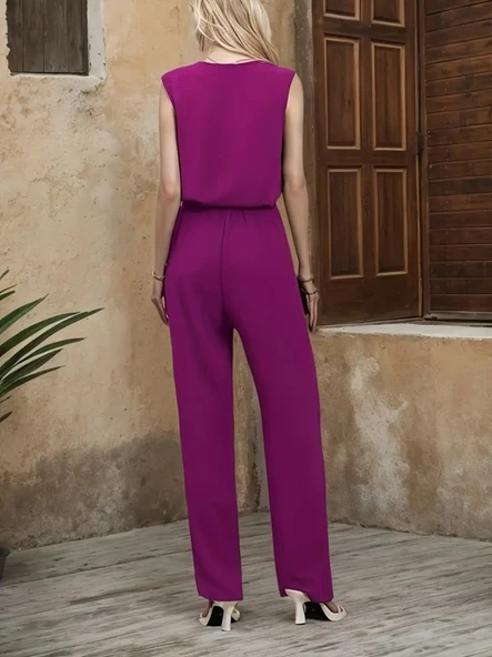 Kadın Kolsuz V Yakalı Aerobin Bluz Ve Belden Kuşaklı Pantolon Ikili Takım - Resim 2