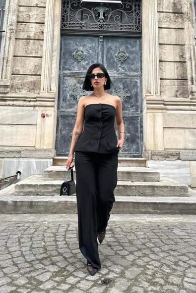 Siyah Straplez Düğmeli Crop Ve Pantolon Takım