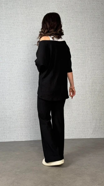 Kadın Kısa Kollu Omuzlardan Açık Yarasa Kollu Bürümcük Bluz Ve Pantolon Ve Viskon Atlet - 4