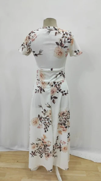 Kadın Kısa Kollu Bisiklet Yaka Puantiyeli Maksi örme Krep Elbise - 6