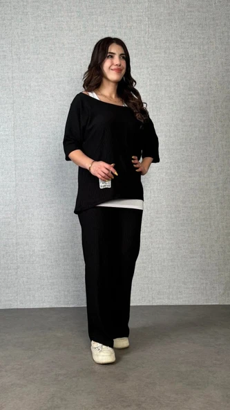 Kadın Kısa Kollu Omuzlardan Açık Yarasa Kollu Bürümcük Bluz Ve Pantolon Ve Viskon Atlet - 3