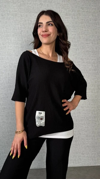 Kadın Kısa Kollu Omuzlardan Açık Yarasa Kollu Bürümcük Bluz Ve Pantolon Ve Viskon Atlet - 2