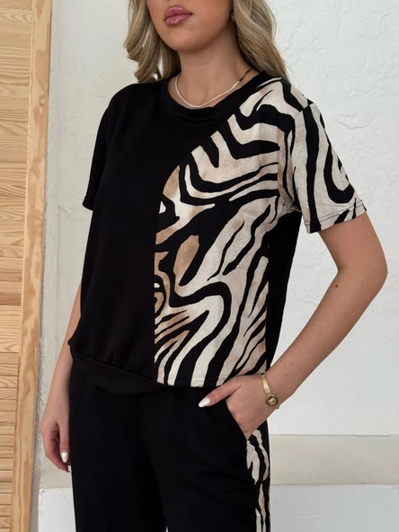 Kadın Bisiklet Yaka Kısa Kol Leopar Desen Bluz Ve Pantolon Ikili Takım - Resim 5