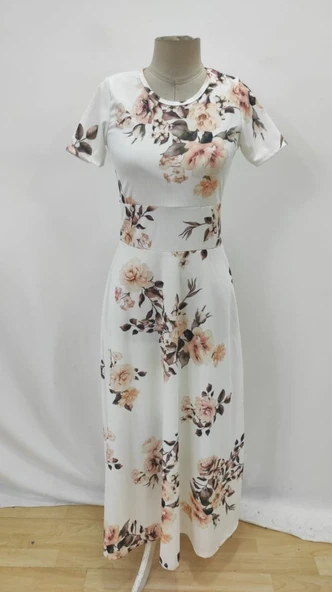 Kadın Kısa Kollu Bisiklet Yaka Puantiyeli Maksi örme Krep Elbise - 4