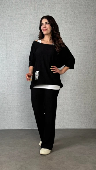 Kadın Kısa Kollu Omuzlardan Açık Yarasa Kollu Bürümcük Bluz Ve Pantolon Ve Viskon Atlet