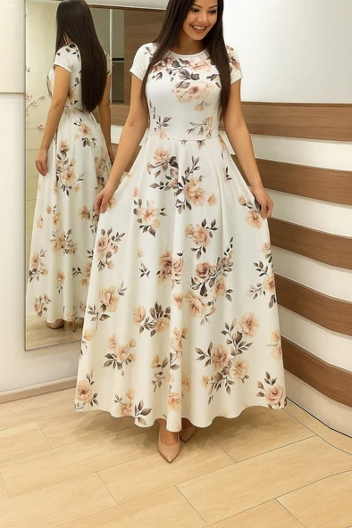 Kadın Kısa Kollu Bisiklet Yaka Puantiyeli Maksi örme Krep Elbise - 3