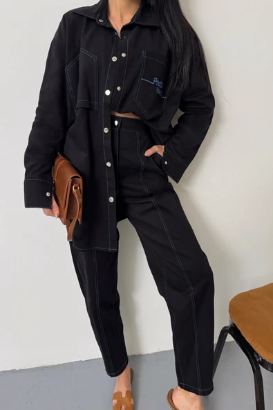 DENİM PUNTOLU GÖMLEK-PANTOLON TAKIM - Mavi - 2