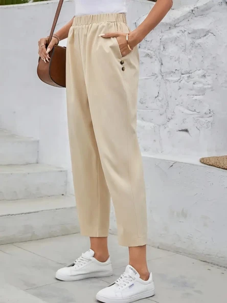 Kadın Yüksek Bel Yandan Cepli Düğme Detaylı Geniş Kesim Ithal Krep Pantolon - 4