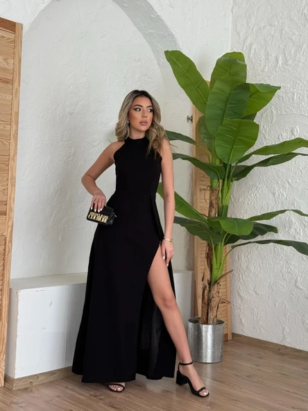Kadın Halter Yaka Derin Yırtmaç Detaylı Tam Boy Ithal Krep Abiye Elbise - 3