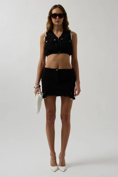 V Yaka Düğmeli Crop Yelek - 2