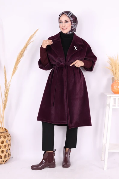 Bel Kuşaklı Yaka Taş Broş Detaylı Kaban 7874 Mor ürün görseli 1