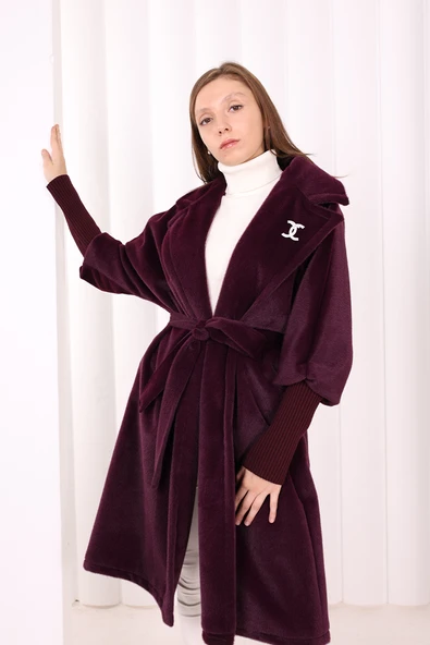Bel Kuşaklı Yaka Taş Broş Detaylı Kaban 7874 Mor - Resim 5