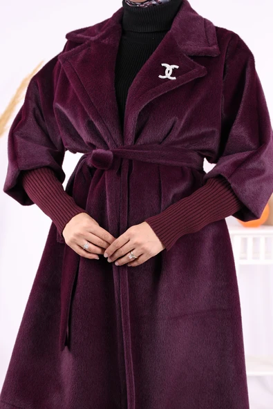 Bel Kuşaklı Yaka Taş Broş Detaylı Kaban 7874 Mor - Resim 6