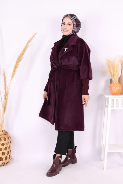 Bel Kuşaklı Yaka Taş Broş Detaylı Kaban 7874 Mor - Resim 2