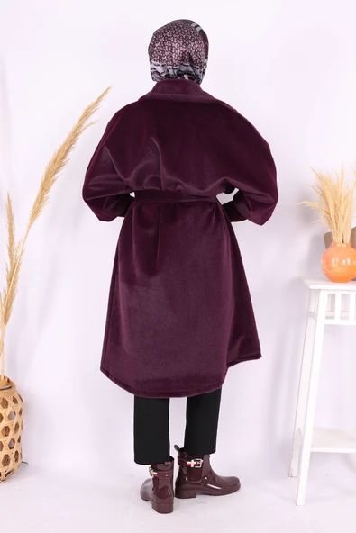 Bel Kuşaklı Yaka Taş Broş Detaylı Kaban 7874 Mor - Resim 4