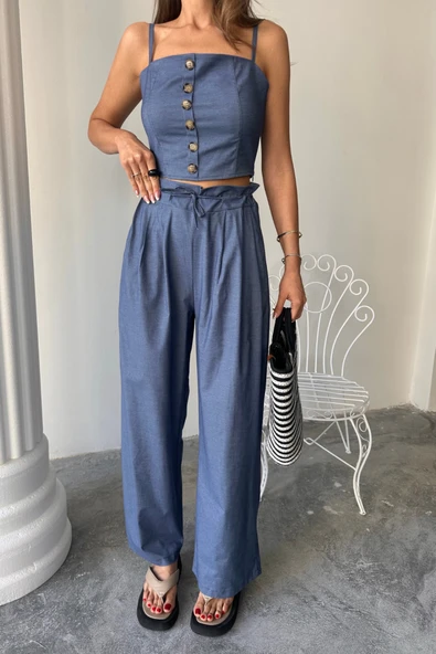TENCEL CROP ASKILI BLUZ - ŞALVAR PANTOLON TK - İndigo - 3