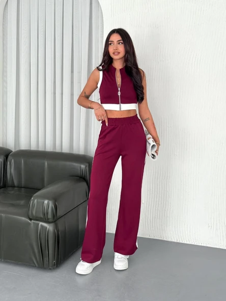 Osy Modal Yumuşak Dokulu Kumaş Tam Fermuarlı Crop Pantalon İkili Takım - Bordo - 3