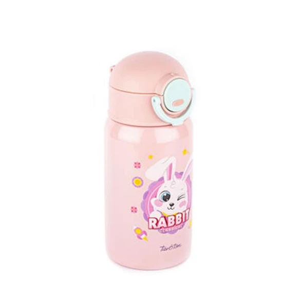 Tantitoni Pembe Tavşan Desenli Pipetli Paslanmaz Çelik Çocuk Termosu 400ml - 1